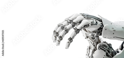 A robotic hand, with its intricate design and metallic texture, is displayed on a white background, showcasing its strength and power. generative AI.