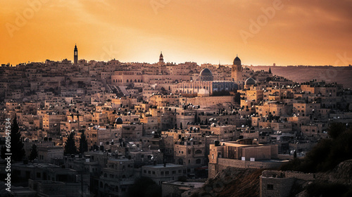 wide view of jerusalem at sunset - generative AI photo