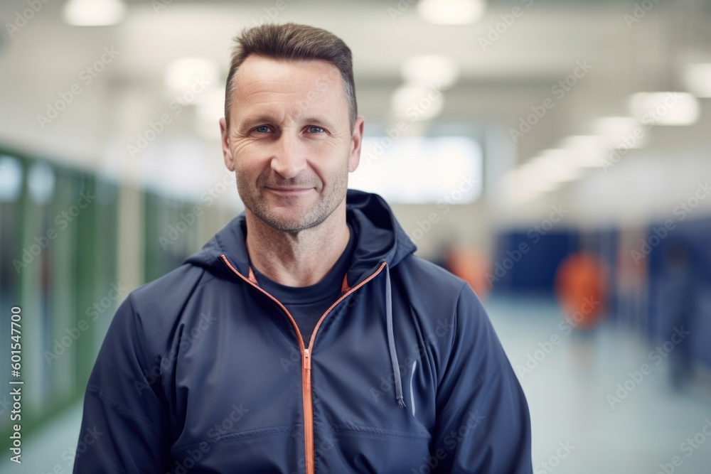 Portrait of smiling mature man in sportswear standing in corridor Portrait of smiling mature man in sportswear standing in corridor