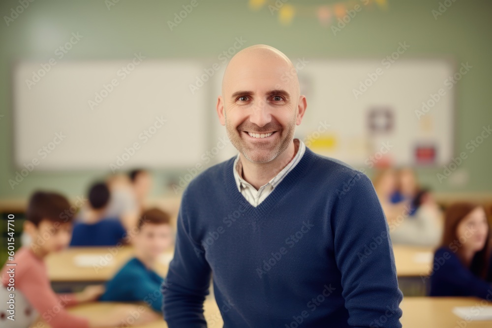 Portrait of happy male teacher standing in classroom with students in background Portrait of happy male teacher standing in classroom with students in background