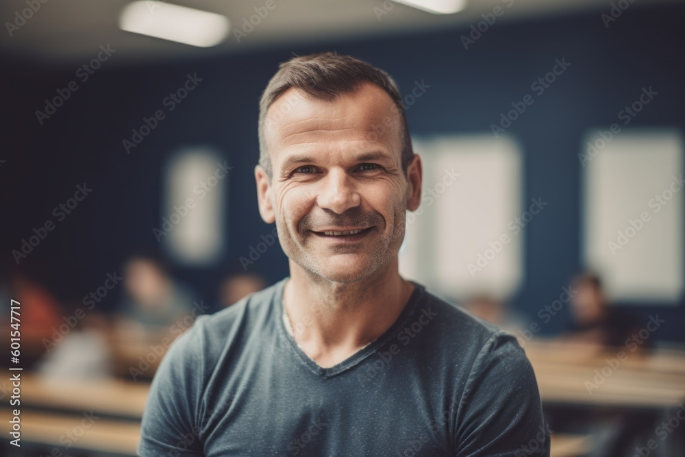 Portrait of smiling mature man looking at camera while sitting in classroom