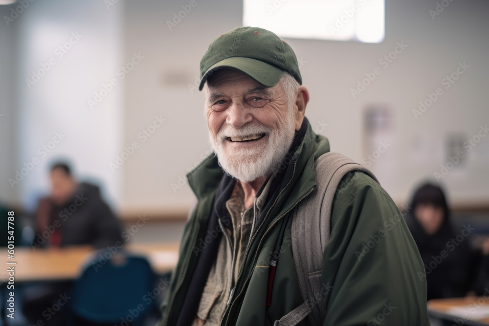 Portrait of smiling senior man in cap and green jacket standing in classroom Portrait of smiling senior man in cap and green jacket standing in classroom