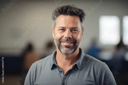 Medium shot portrait photography of a pleased man in his 40s wearing a casual t-shirt against a classroom or educational setting background. Generative AI
