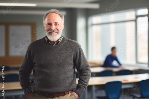 Environmental portrait photography of a pleased man in his 50s wearing a cozy sweater against a classroom or educational setting background. Generative AI