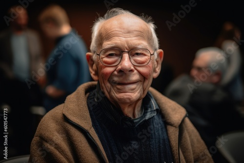 Portrait of a smiling senior man with glasses in the cinema.