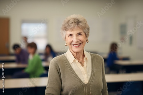 Environmental portrait photography of a pleased woman in her 60s wearing a chic cardigan against a classroom or educational setting background. Generative AI