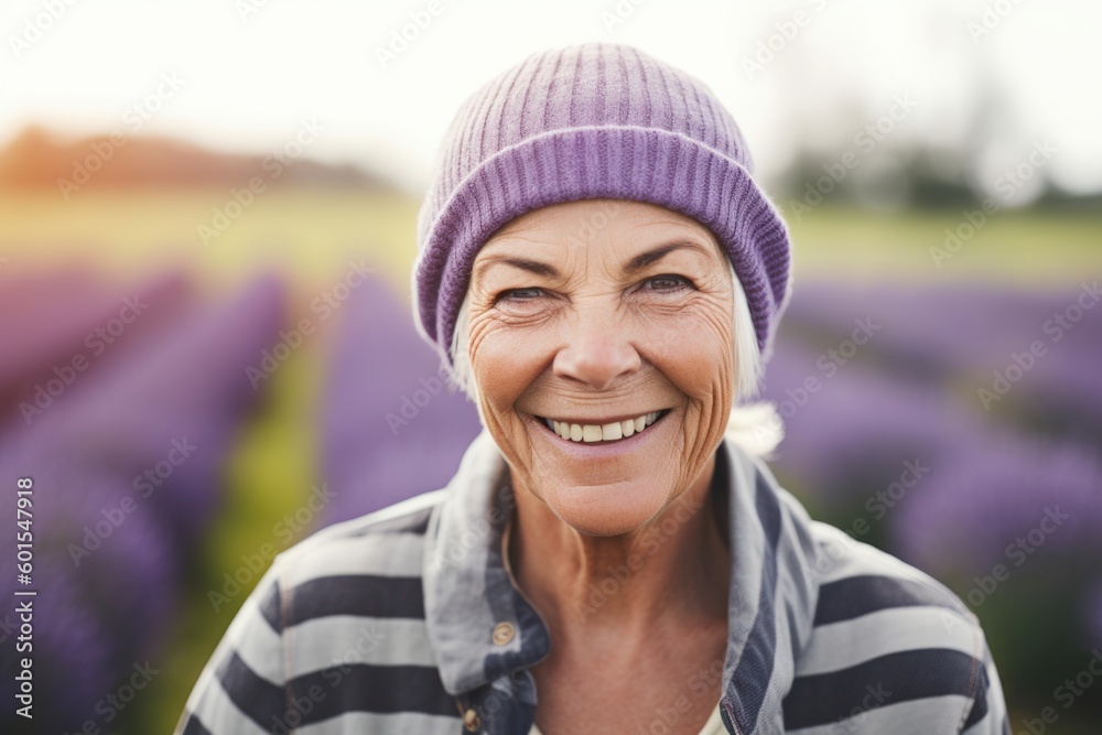 Portrait of smiling senior woman standing in lavender field on a sunny day Portrait of smiling senior woman standing in lavender field on a sunny day