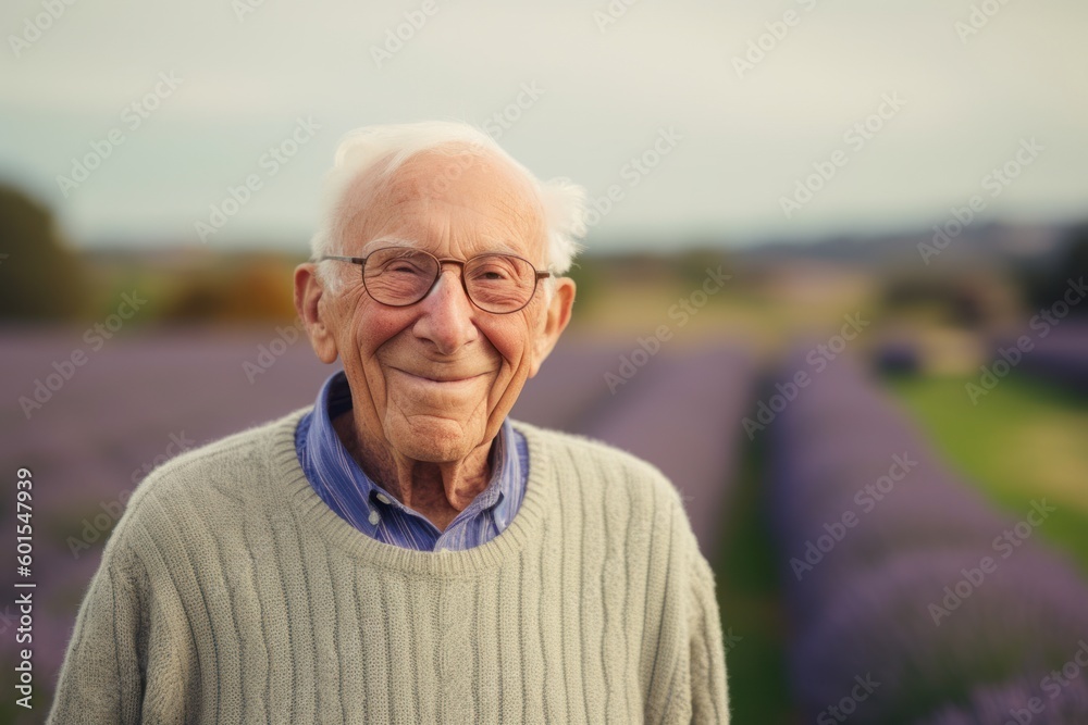 Portrait of senior man standing in lavender field smiling at camera