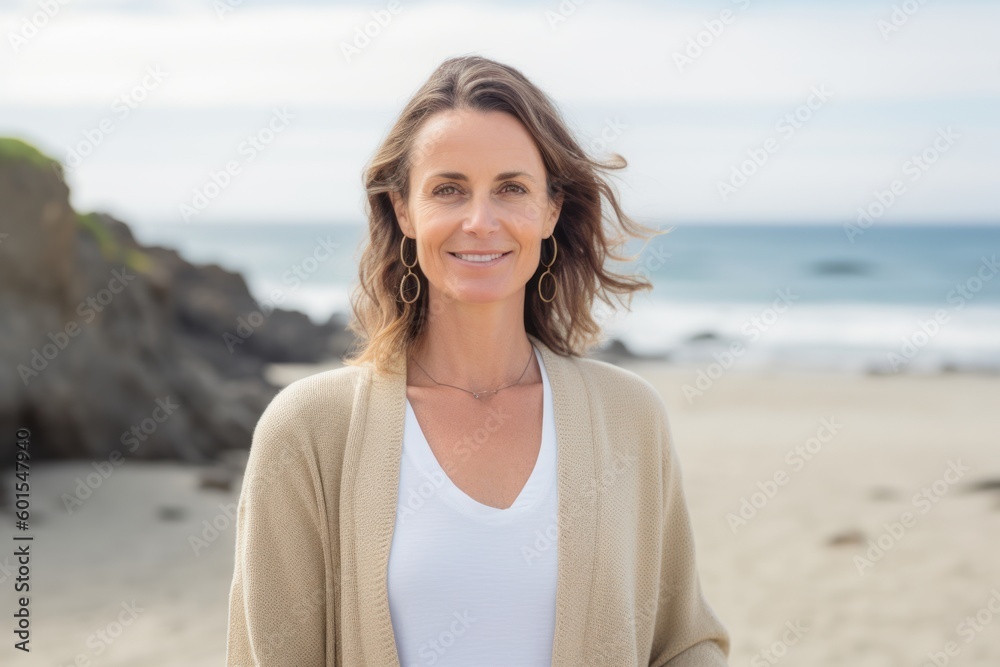 Pet portrait photography of a pleased woman in her 30s wearing a chic cardigan against a summer landscape or beach background. Generative AI Pet portrait photography of a pleased woman in her 30s wearing a chic cardigan against a summer landscape or beach background. Generative AI