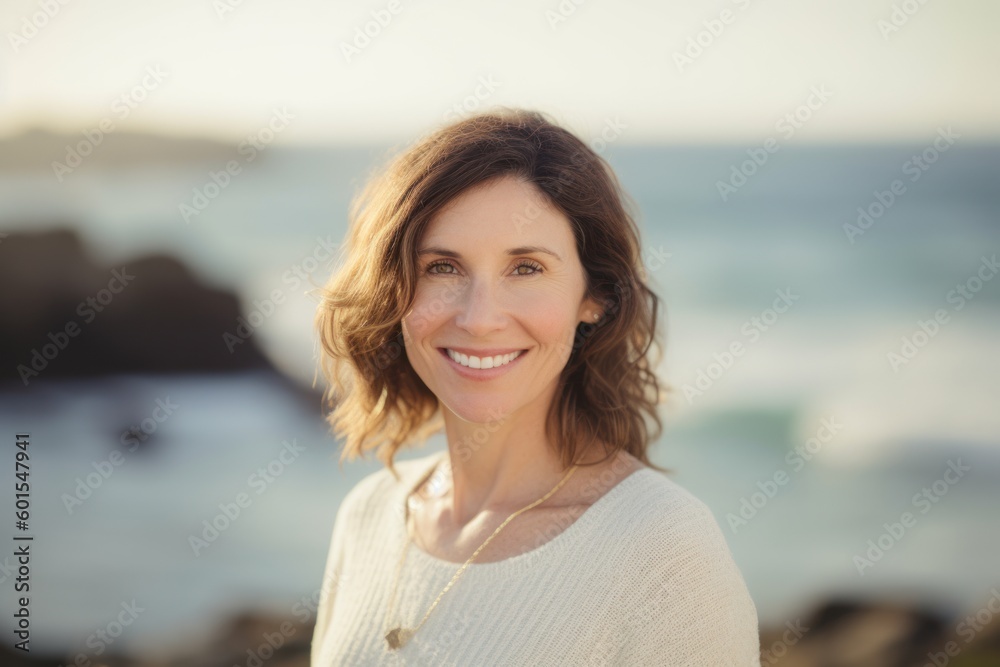 Portrait of smiling woman standing on the beach at the day time Portrait of smiling woman standing on the beach at the day time