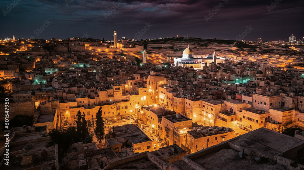 wide view of jerusalem at night - generative AI