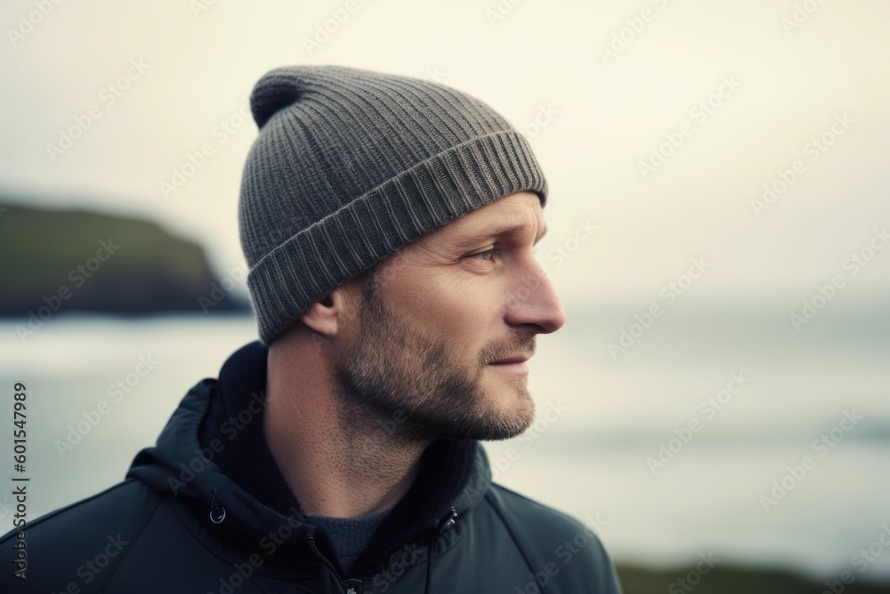 Side view portrait of a handsome young man wearing a knitted hat and a black jacket standing on the beach, looking away Side view portrait of a handsome young man wearing a knitted hat and a black jacket standing on the beach, looking away