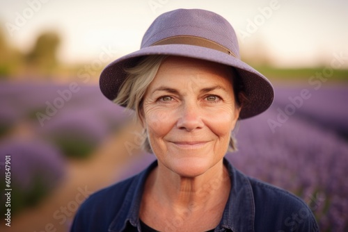 Portrait of happy senior woman standing in lavender field at sunset