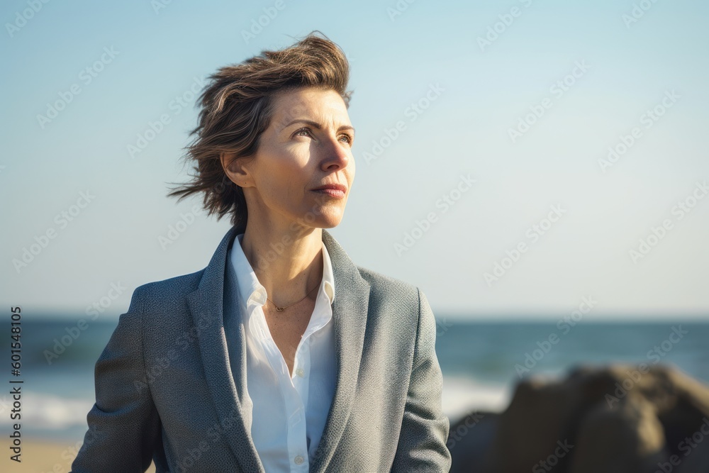 Portrait of a businesswoman standing on the beach and looking away Portrait of a businesswoman standing on the beach and looking away