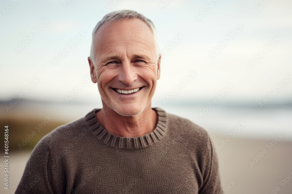 Medium shot portrait photography of a pleased man in his 50s wearing a cozy sweater against a summer landscape or beach background. Generative AI Medium shot portrait photography of a pleased man in his 50s wearing a cozy sweater against a summer landscape or beach background. Generative AI
