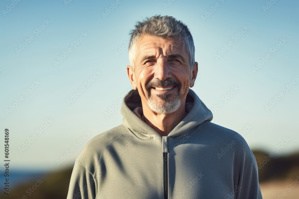 Portrait of smiling senior man looking at camera on beach during sunny day