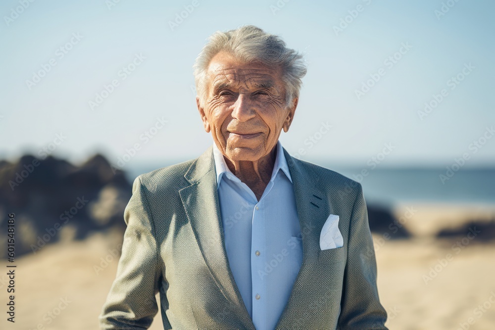 Portrait of senior man standing on beach at seaside in summer Portrait of senior man standing on beach at seaside in summer