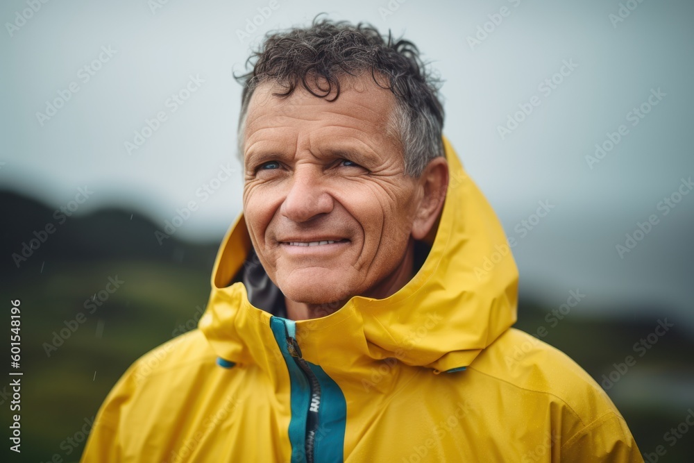 Medium shot portrait photography of a satisfied man in his 50s wearing a vibrant raincoat against a summer landscape or beach background. Generative AI Medium shot portrait photography of a satisfied man in his 50s wearing a vibrant raincoat against a summer landscape or beach background. Generative AI