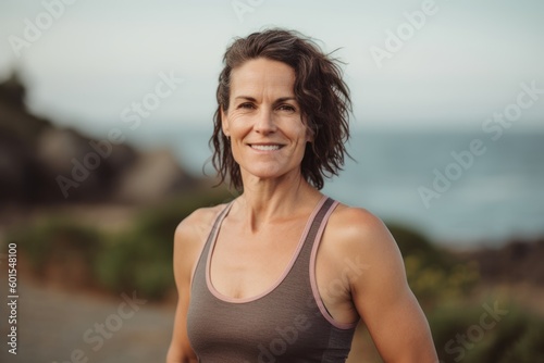 Portrait of smiling sporty woman looking at camera on the beach