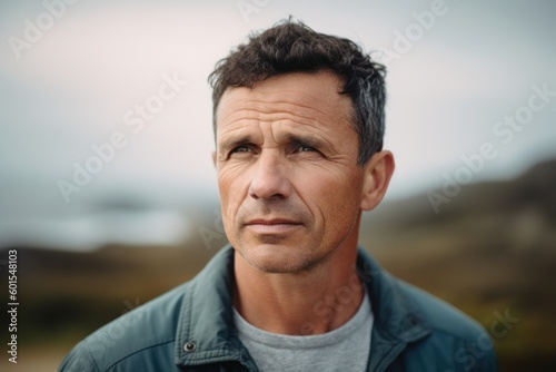 Portrait of handsome man looking away while standing in field during daytime
