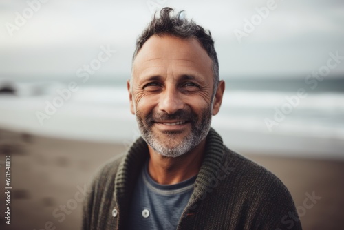 Portrait of handsome middle-aged man smiling at camera on the beach