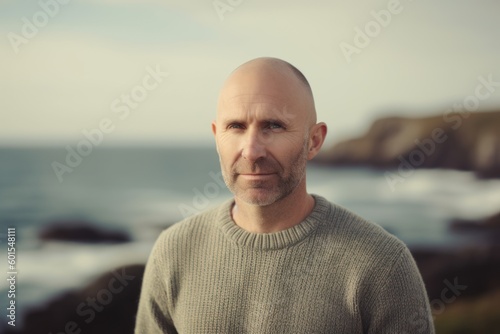 Portrait of a handsome middle-aged man in a sweater on the beach