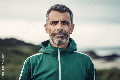 Portrait of mature man in green sportswear standing on the beach