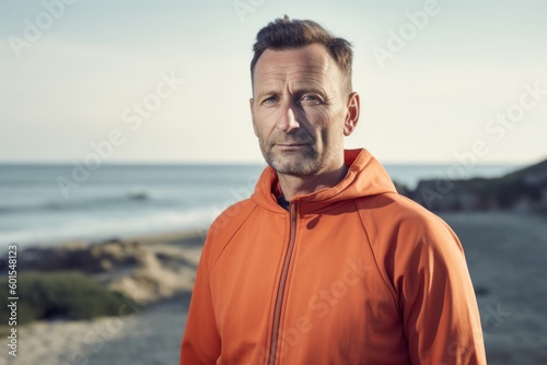 Portrait of mature man in orange sportswear on the beach