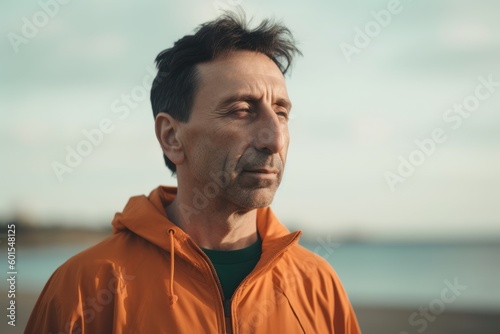 Mature man in orange jacket standing on the beach and looking away