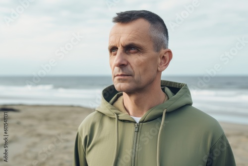 Portrait of a middle-aged man in sportswear standing on the beach