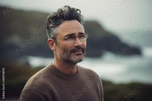 Portrait of a handsome middle-aged man wearing glasses and a sweater standing in front of the ocean on a cloudy day