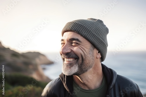 Portrait of a smiling man with hat standing on the beach at sunset