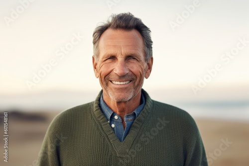 Portrait of a smiling senior man standing on the beach at sunset