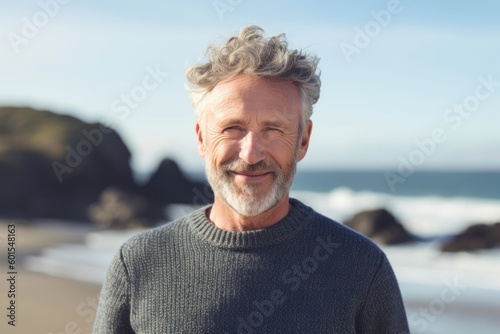 Portrait of smiling man with grey hair at the beach on a sunny day