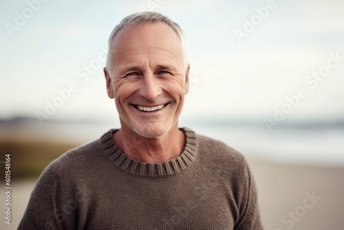 Medium shot portrait photography of a pleased man in his 50s wearing a cozy sweater against a summer landscape or beach background. Generative AI