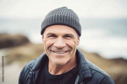 Portrait of smiling man in beanie and jacket on the beach
