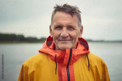 Portrait of a senior man in a raincoat on the riverside