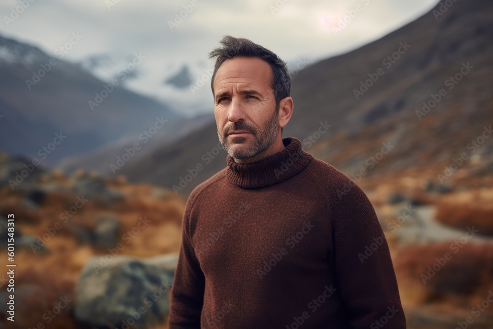 Portrait of a handsome man in a brown sweater against the background of mountains Portrait of a handsome man in a brown sweater against the background of mountains