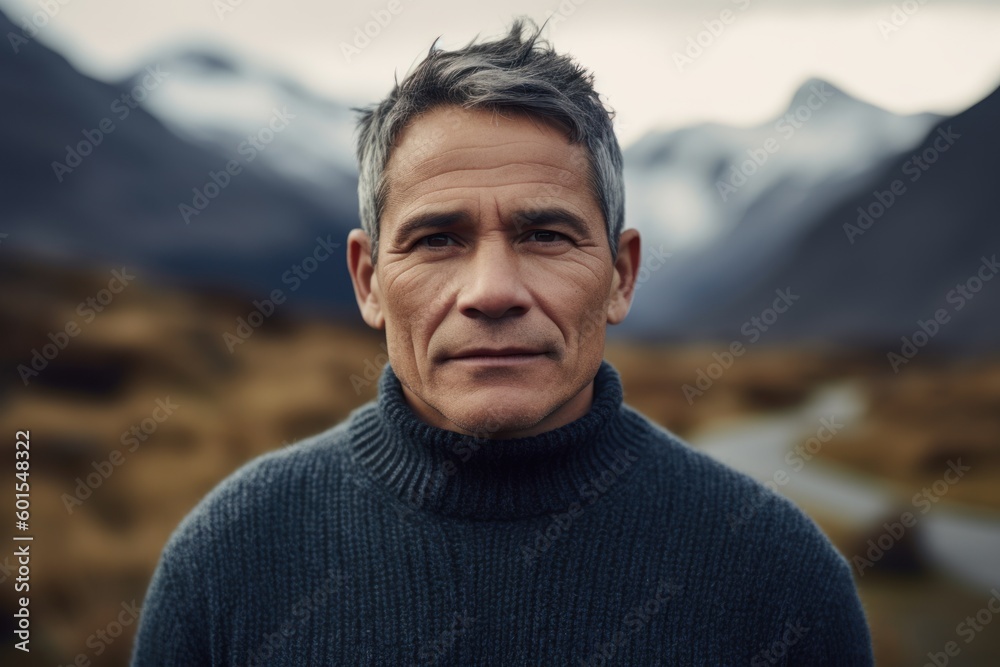 Portrait of a middle-aged man in a sweater against the background of mountains Portrait of a middle-aged man in a sweater against the background of mountains
