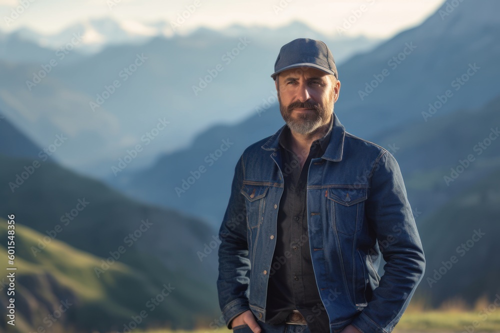 Portrait of a handsome bearded man in a blue jacket and baseball cap in the mountains
