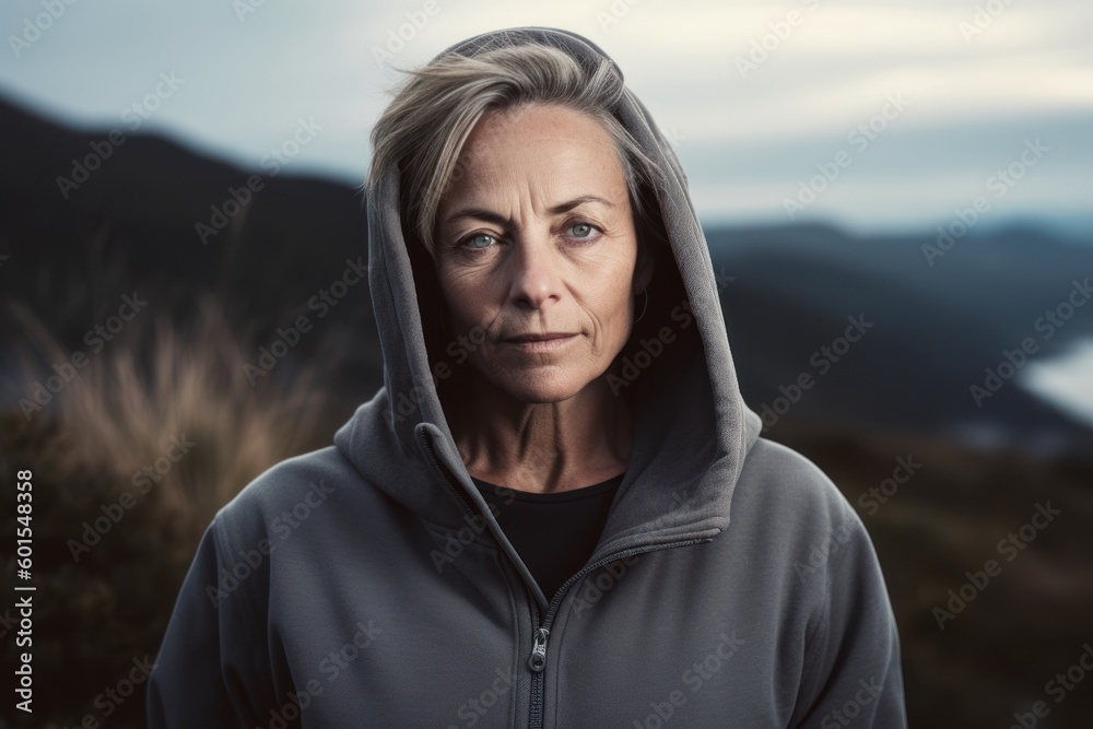 Portrait of a senior woman wearing a hooded sweatshirt. Portrait of a senior woman wearing a hooded sweatshirt.