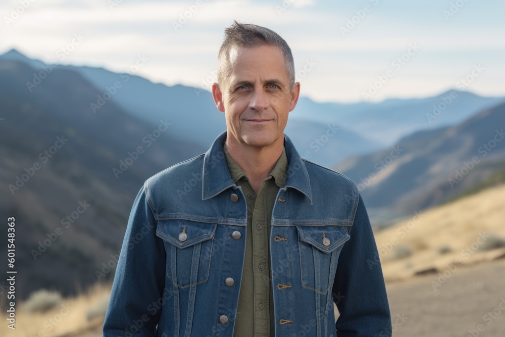 Handsome middle-aged man in jeans jacket standing in the mountains