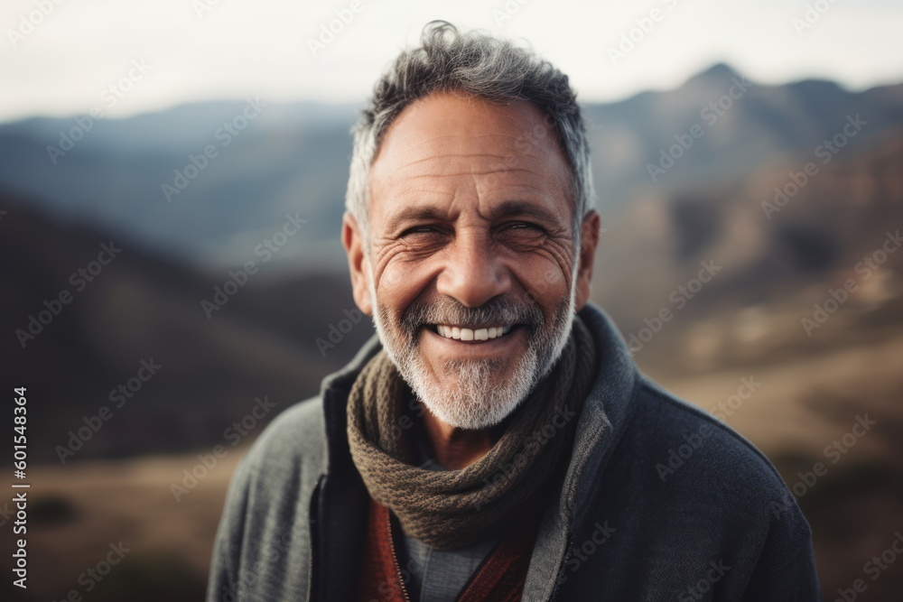 Lifestyle portrait photography of a cheerful man in his 50s wearing a cozy sweater against a mountain landscape background. Generative AI Lifestyle portrait photography of a cheerful man in his 50s wearing a cozy sweater against a mountain landscape background. Generative AI