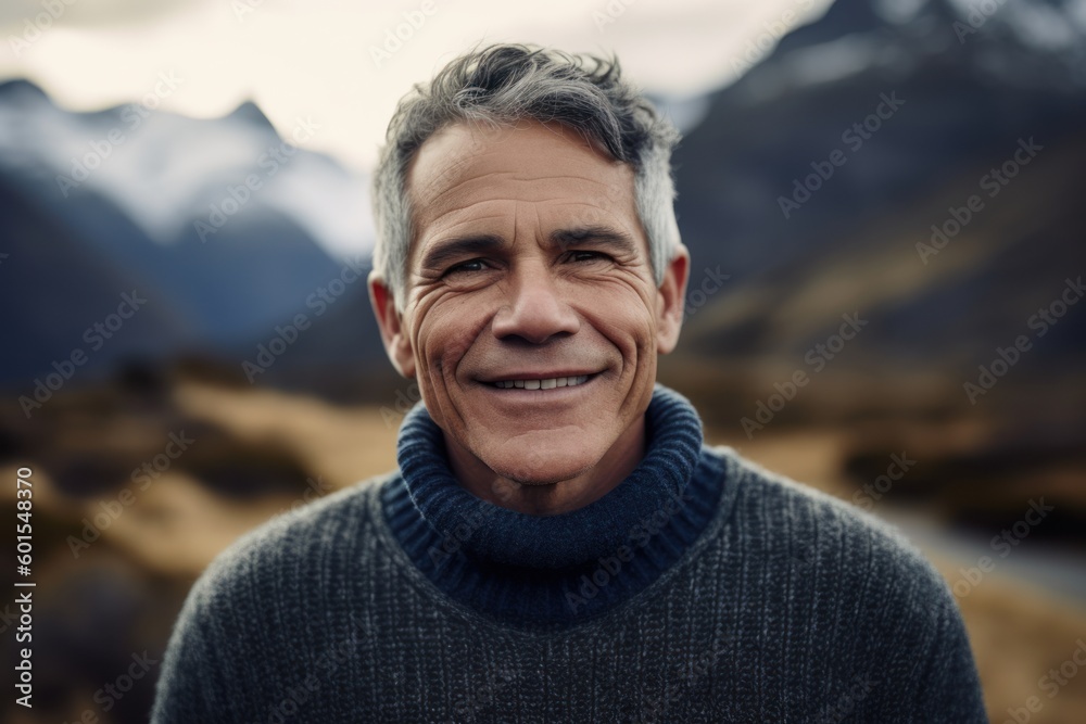 Portrait of smiling middle-aged man with grey hair against snowy mountains