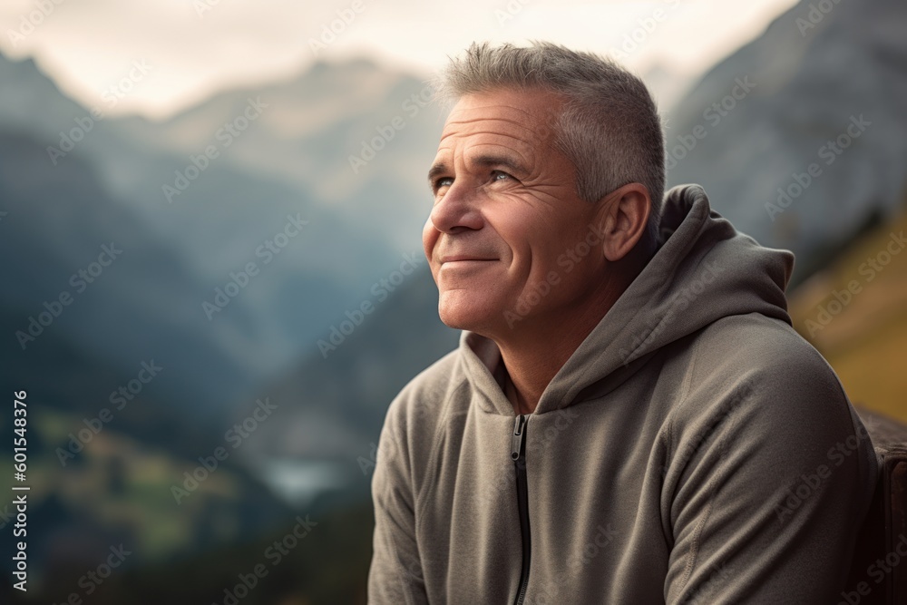 Portrait of happy senior man looking away and smiling in mountain valley Portrait of happy senior man looking away and smiling in mountain valley