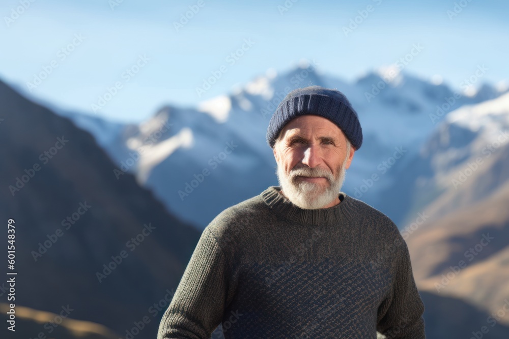 Portrait of a senior man in a sweater and hat against mountains