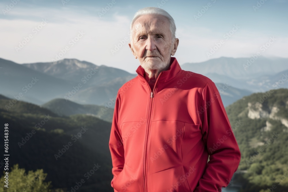 Portrait of senior man in red sportswear standing on top of the mountain
