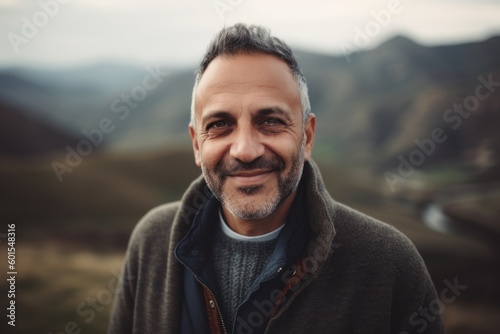 Portrait of a smiling middle-aged man standing outdoors in the mountains.