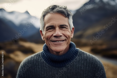 Portrait of smiling middle-aged man with grey hair against snowy mountains