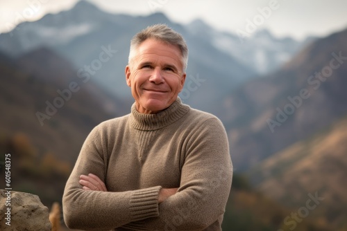Portrait of a happy senior man with arms crossed standing in the mountains